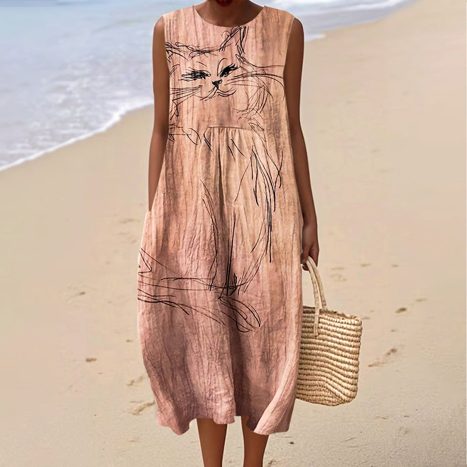 Women's Cat Art Linen Tank Midi Dress elevenforest