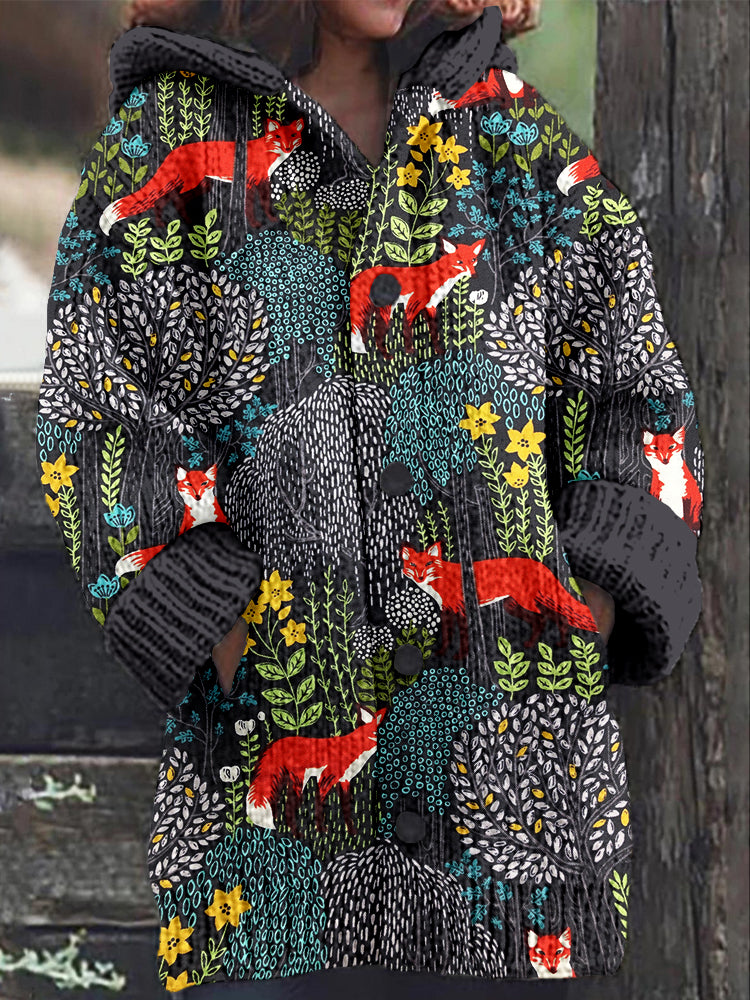 Fox in the Forest Graphic Cozy Hooded Cardigan artswardrobe