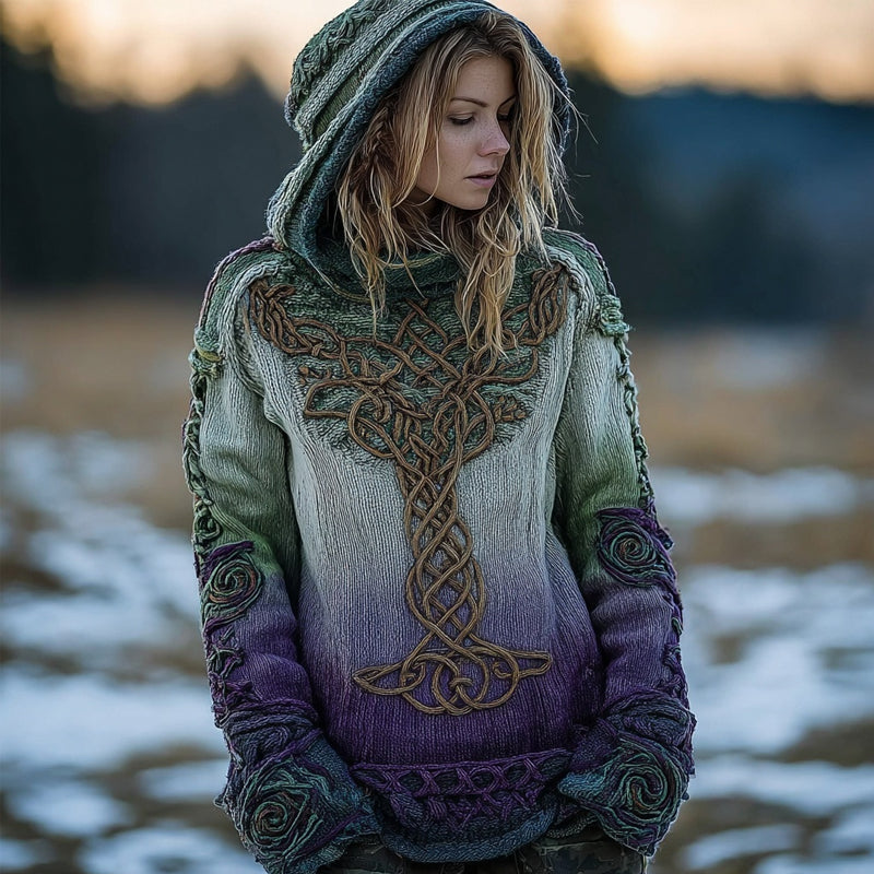 Viking Celtic Knot Jacquard Gradient Cozy Hooded Sweater artswardrobe