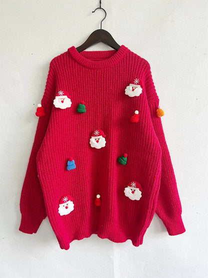 Gabriela® | Warm jacquard knitted sweater with a crew neck and crocheted Christmas characters for women
