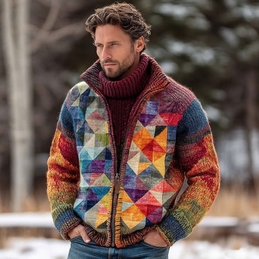 Men's Geometric Color Block Jacquard Zipper Up Knitted Cardigan artswardrobe