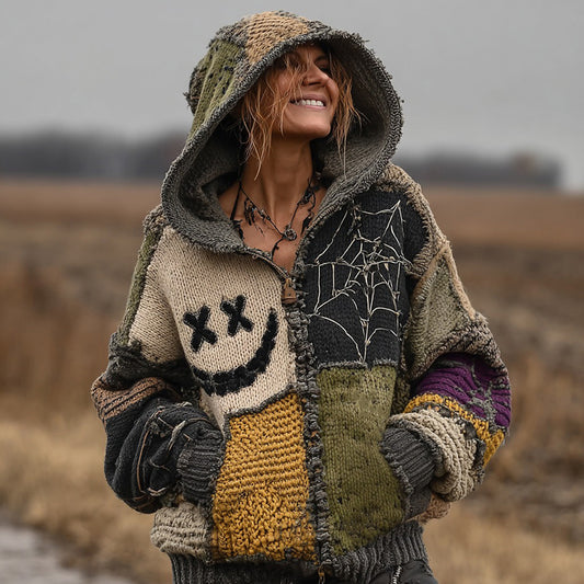 Halloween Spooky Smiley Face And Spiderweb Patchwork Design Cozy Knitted Zip-up Hooded Sweater elevenforest