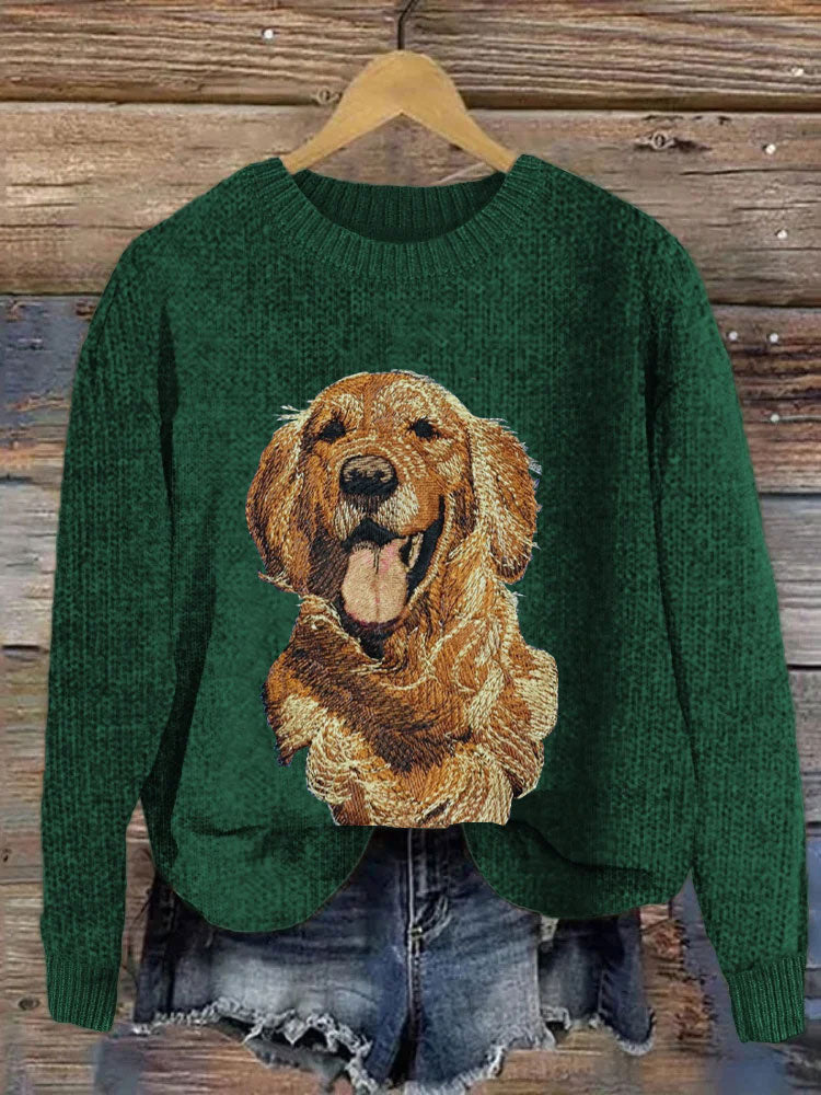 Comstylish Women's Christmas Golden Retriever Embroidery Print Sweater