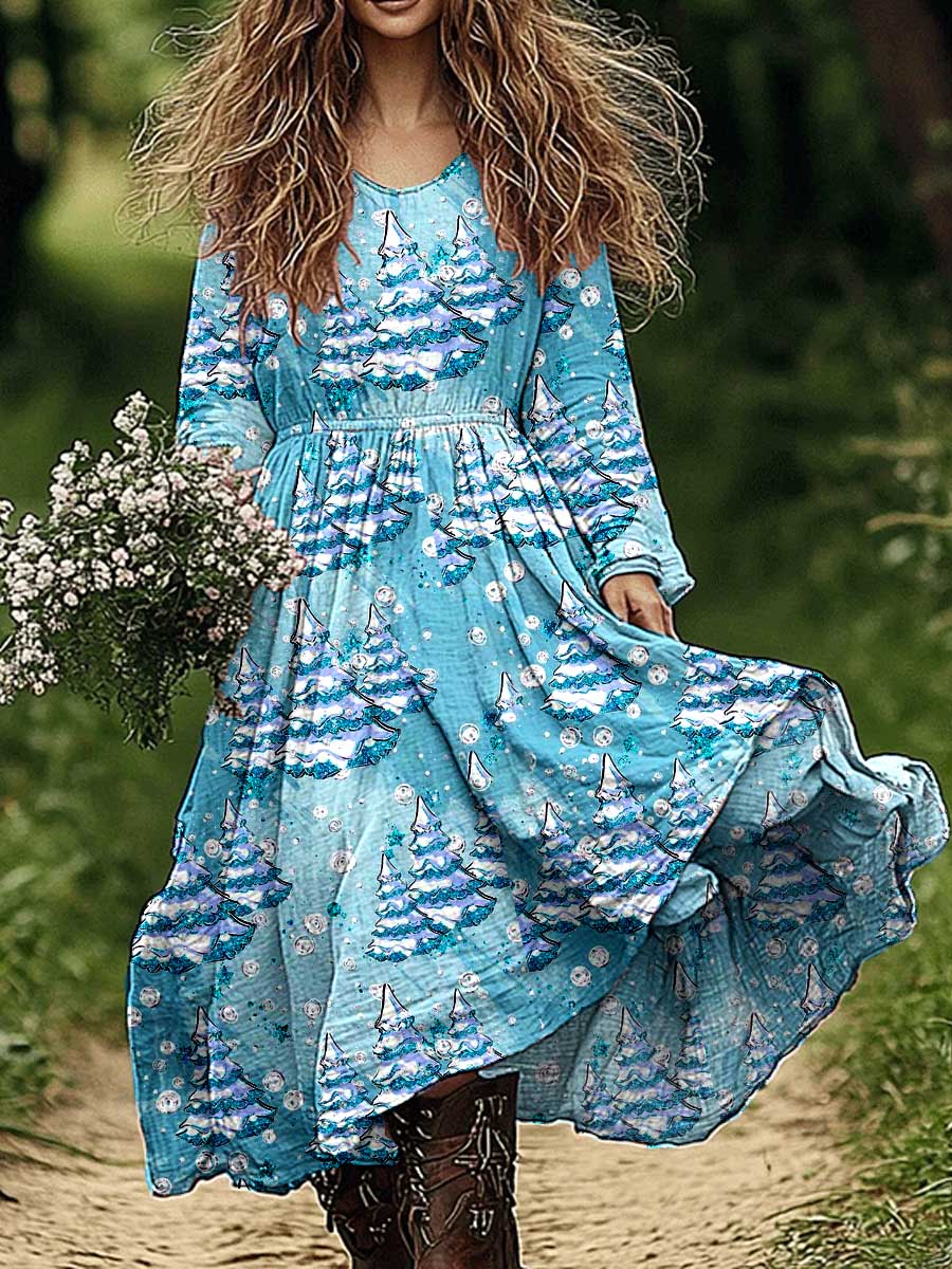 Women's Christmas Tree Pattern Cotton and Linen Dress