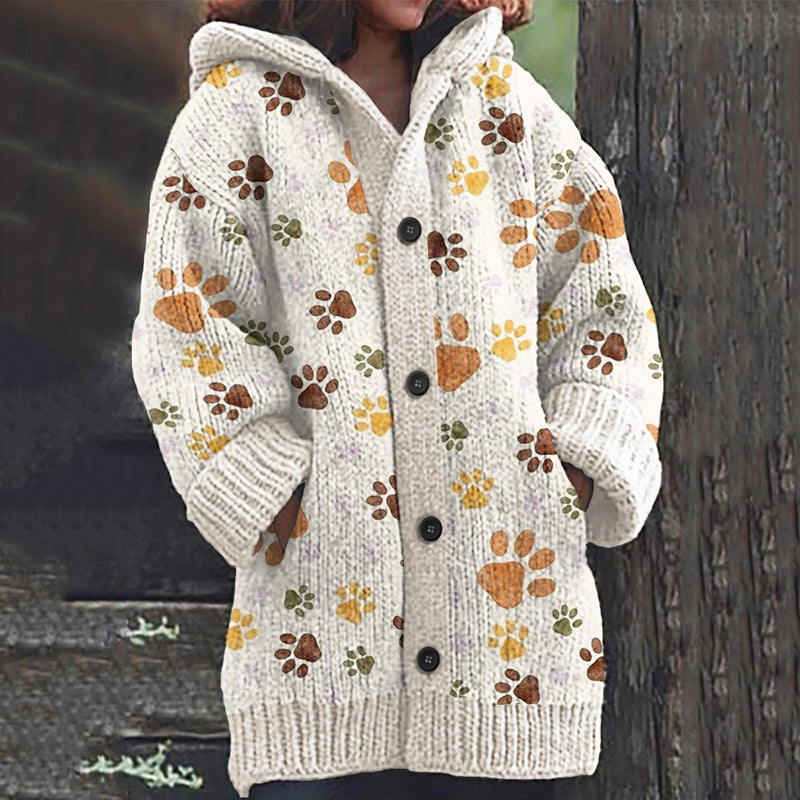 Comstylish Dog Paw Print Casual Knitted Hooded Cardigan