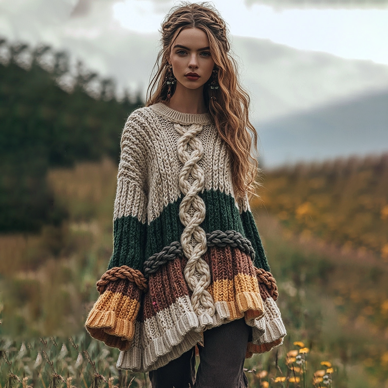 Women's Celtic Knot Jacquard Contrast Crew Neck Sweater Dress elevenforest