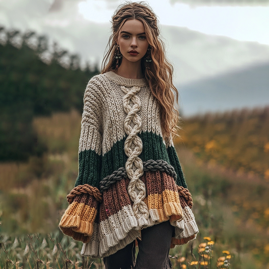 Women's Celtic Knot Jacquard Contrast Crew Neck Sweater Dress elevenforest