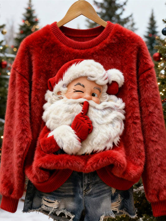 Blinking Santa Claus Pattern Women's Soft Plush Sweater