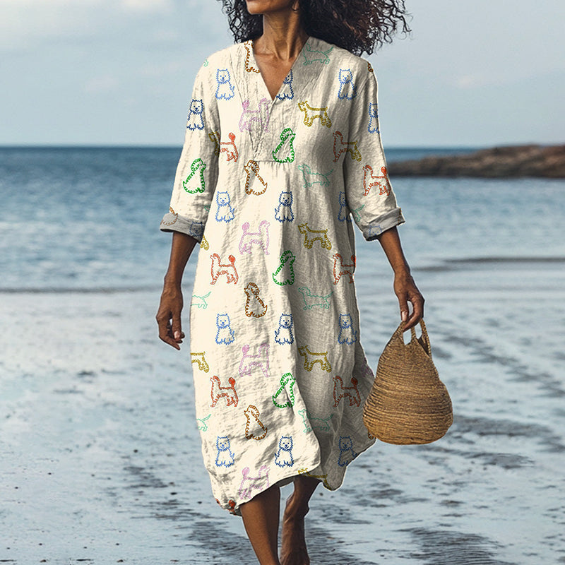 Comstylish Women's Line Drawing Dog Pattern Printed Midi Dress