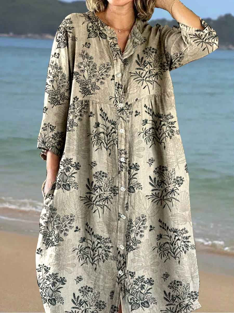 Women's Elegant Pastoral Floral Shirt Cotton and Linen Dress
