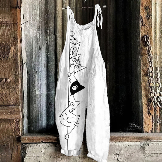 Vintage Cute Cats Linen Blend Loose Casual Jumpsuit elevenforest