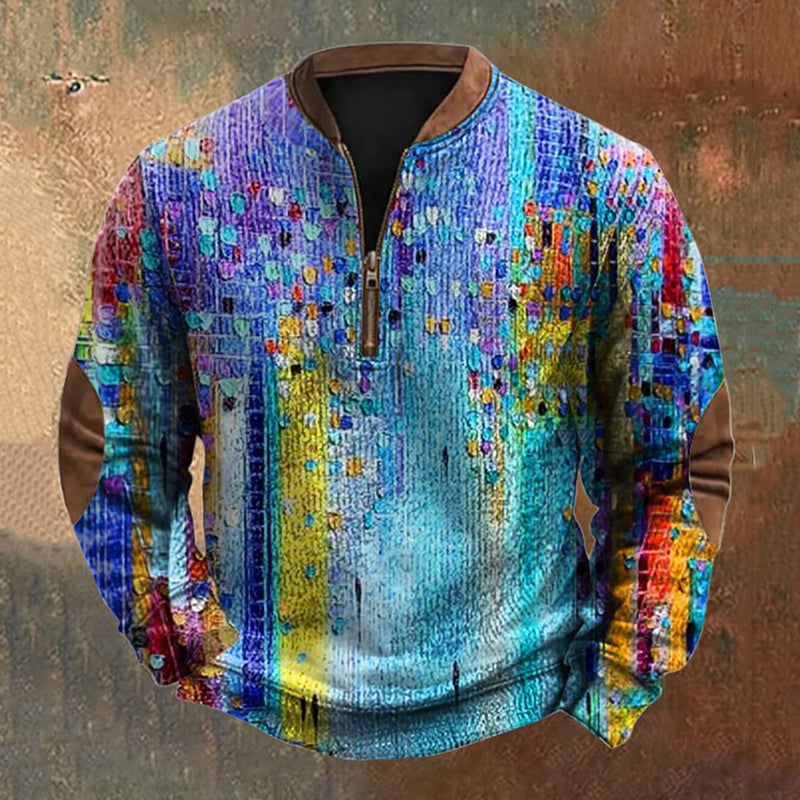 Men's Vintage Oil Painting Color Block Zipper Sweatshirt artswardrobe