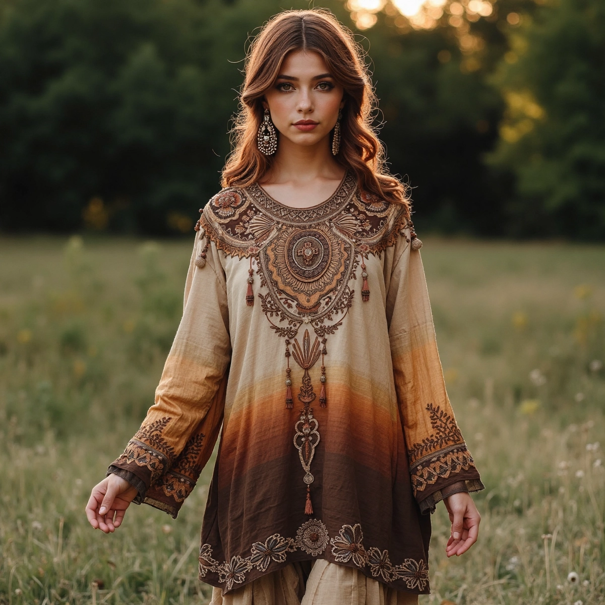 Boho Gradient Tassel Floral Embroidered Linen Round Neck Long Sleeve Blouse artswardrobe