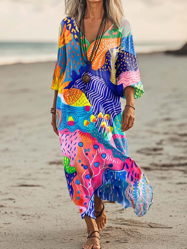 Women's Colorful Irregular Pattern Art Print Pocket Cotton Dress