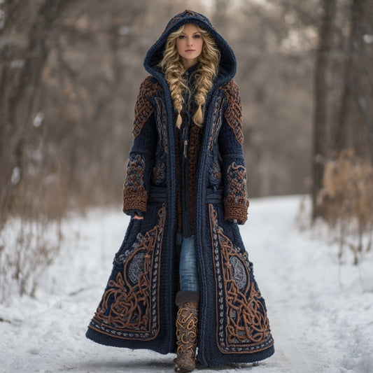 Women's Vintage Viking Celtic Knot Knit Long Sweater Jacket artswardrobe