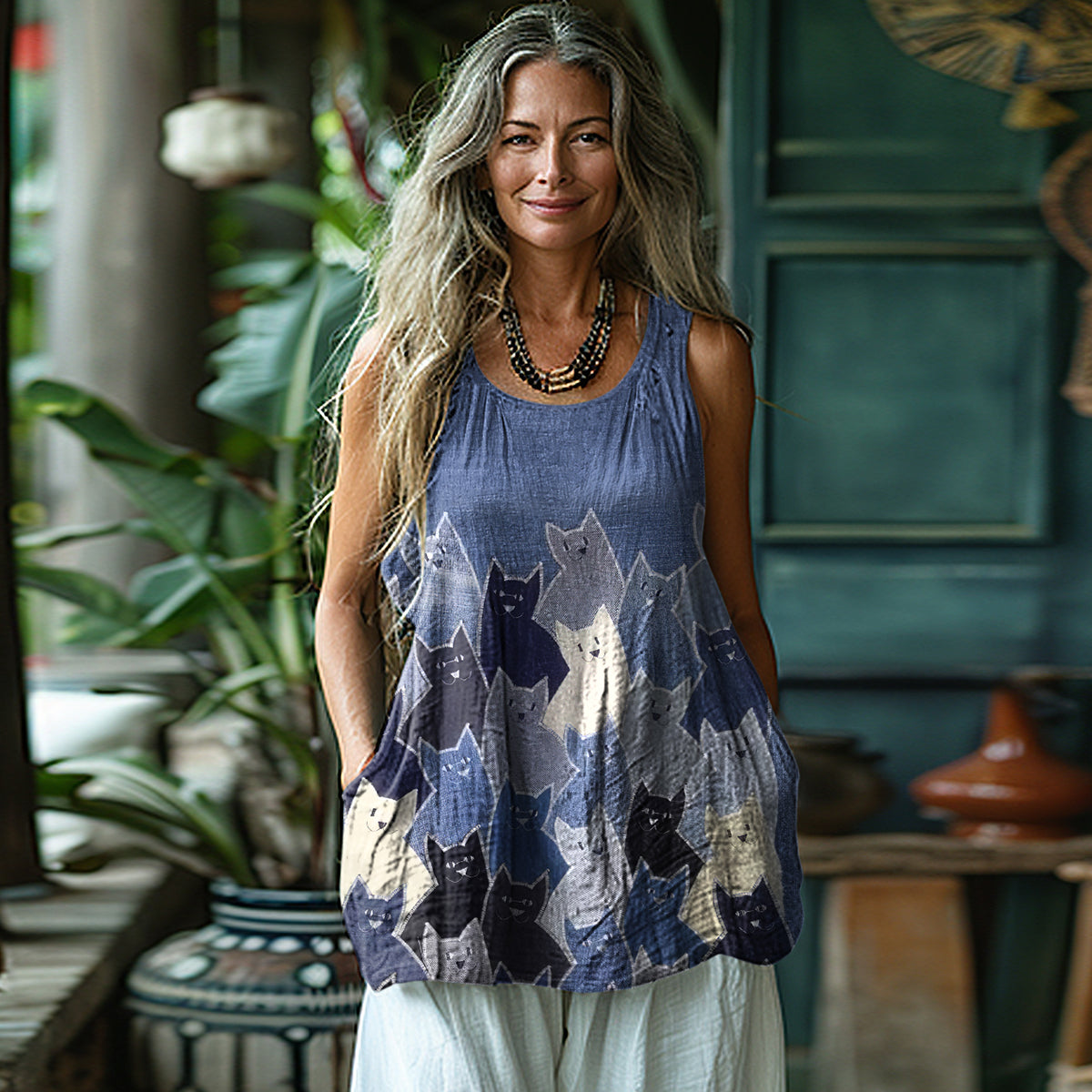 Comstylish Retro Abstract Geometric Cat Art Linen Sleeveless Tank Top