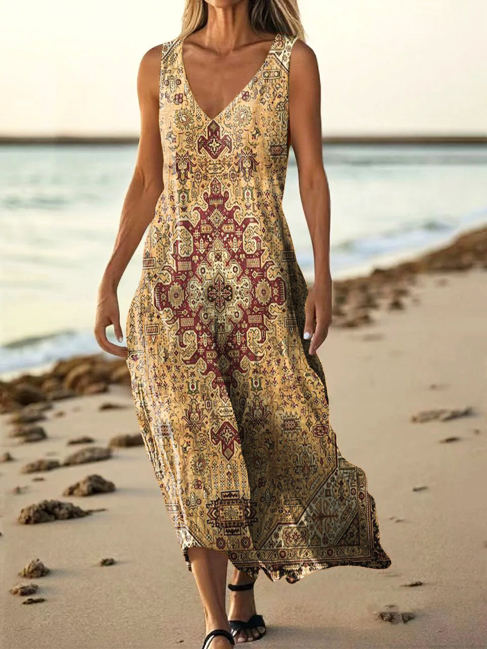 Women's Retro Ethnic Totem Art Pattern Print V-neck Sleeveless Cotton