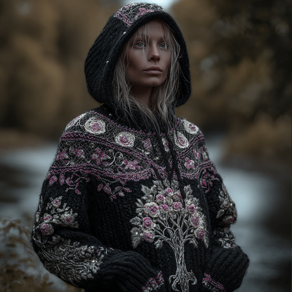 Women's Viking Style Tree Of Life And Patterned Black Warm Hooded Sweater artswardrobe