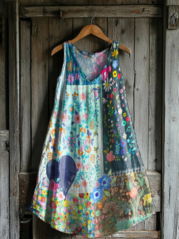 Women's Bohemian Floral Collage Pattern Print V-neck Pocket Cotton Dre