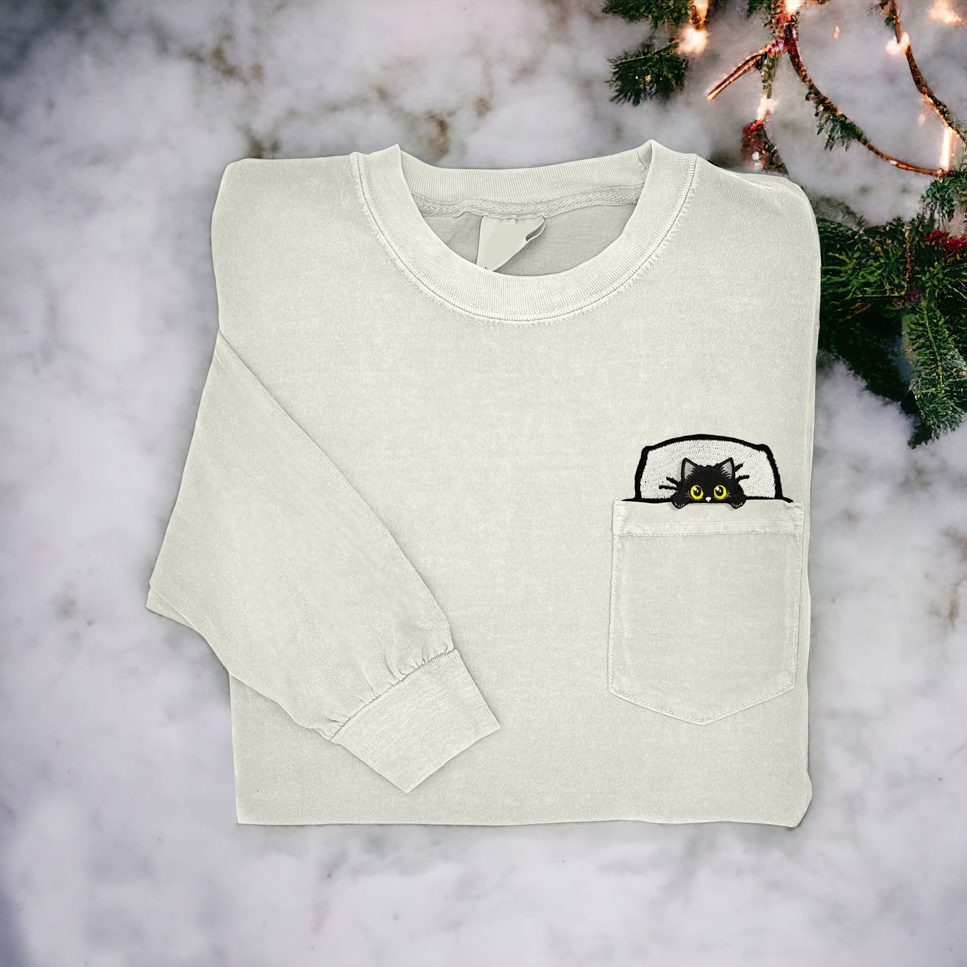 Funny Good Night Black Cat Embroidery Art Women's Cozy Pocket T-Shirt elevenforest