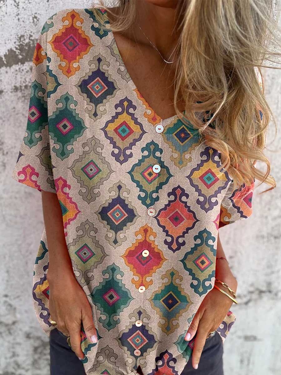 Women's Elegant Art Geometric Pattern Shirt Cotton and Linen Top