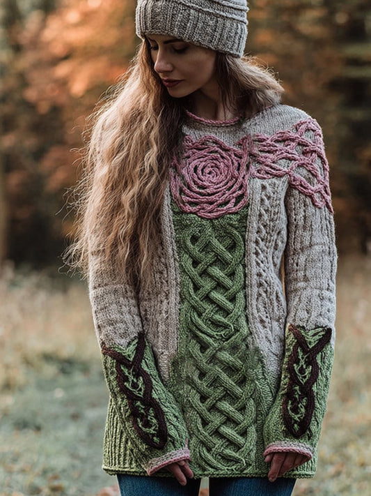 Women's Vintage Floral Cable Knit Pattern Long-sleeved Sweater elevenforest