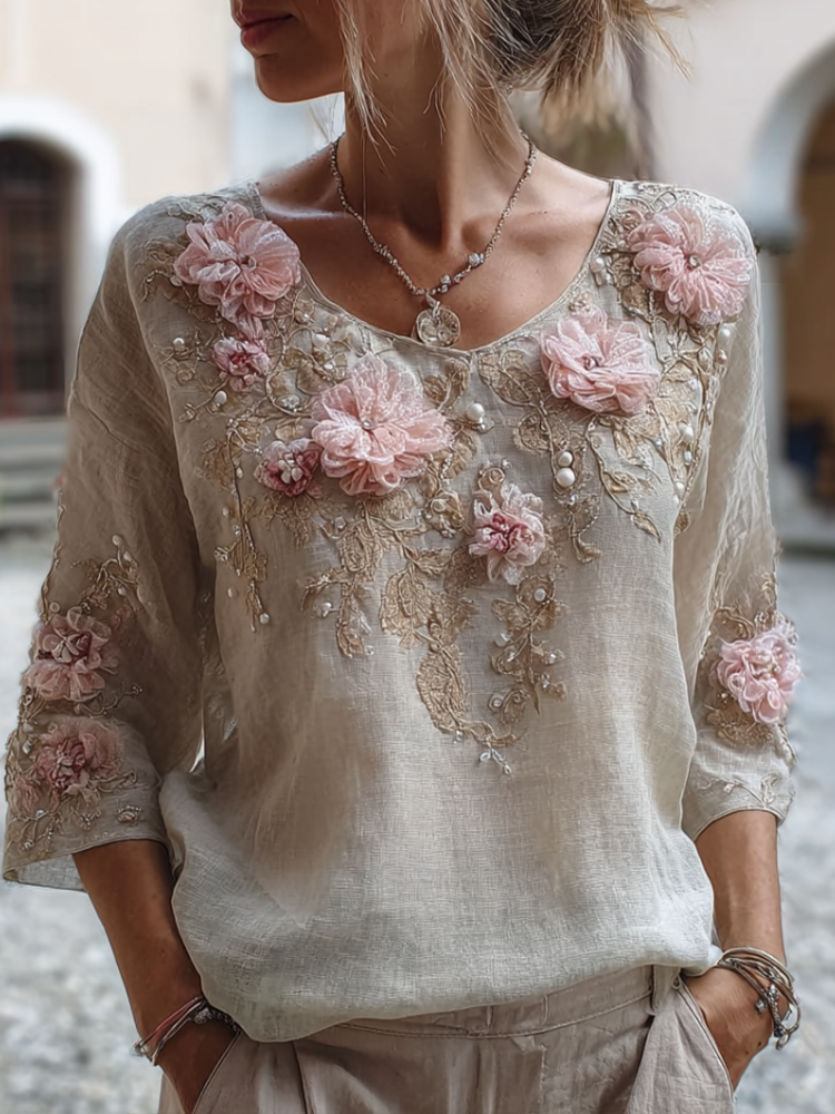 Comstylish Bohemian Style Round Neck Short Sleeve Three-dimensional Flower Design Women's Thin Top