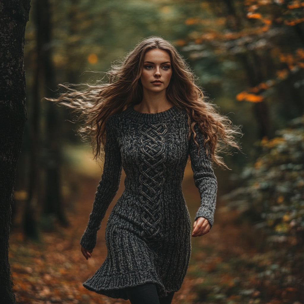 Women's Vintage Celtic Knot Pattern Cozy Knit Mini Sweater Dress artswardrobe