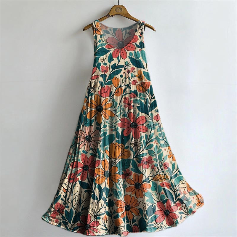 Vintage Floral-embellished Patterned Art Print Round Neck Sleeveless C