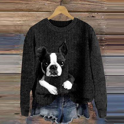 Comstylish Cute Boston Terrier Lazy Puppy Applique Wool Felt Art Cozy Sweater