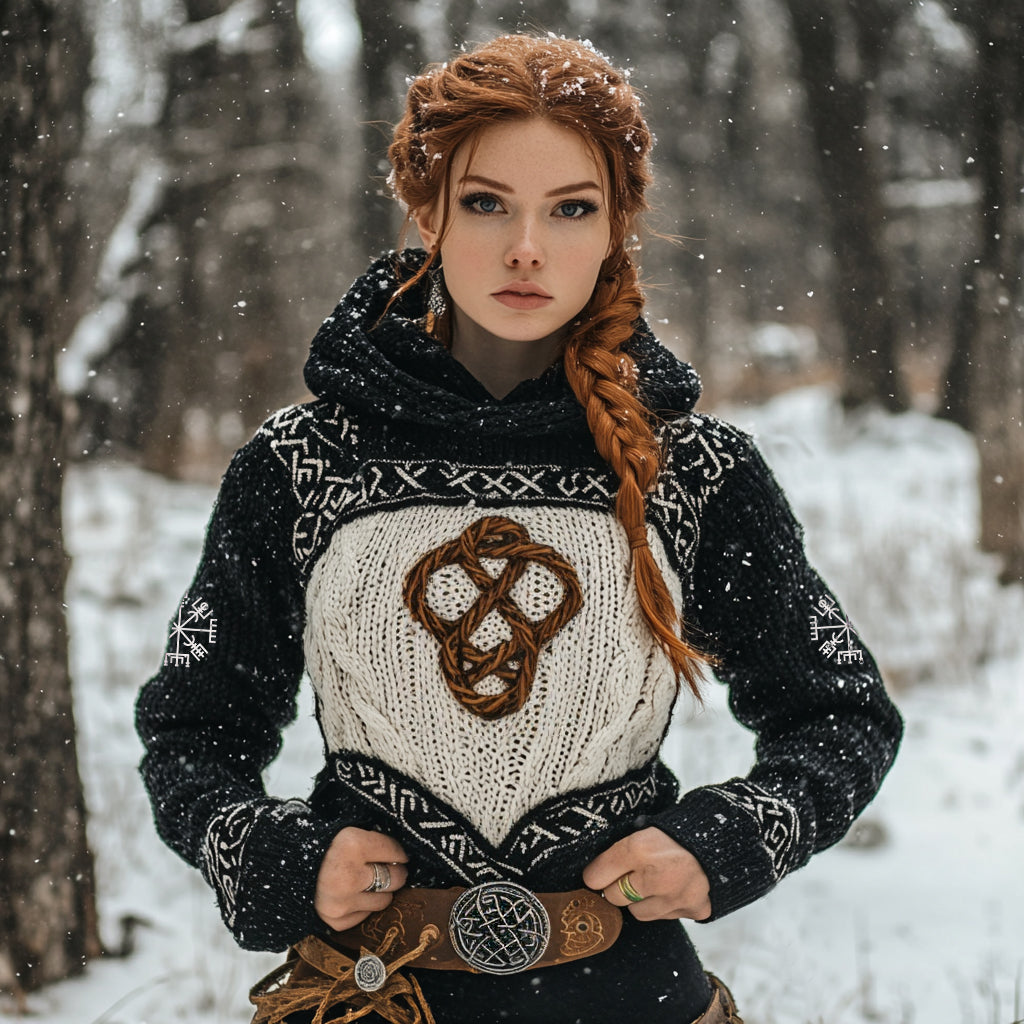 Women's Viking Tribal Jacquard Celtic Inspired Chunky Knit Hooded Sweater elevenforest