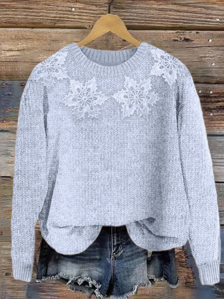 Classy Snowflakes Yoke Crochet Cozy Knit Sweater elevenforest
