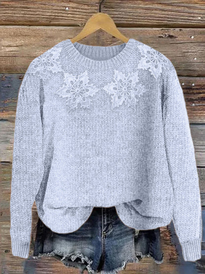 Classy Snowflakes Yoke Crochet Cozy Knit Sweater elevenforest