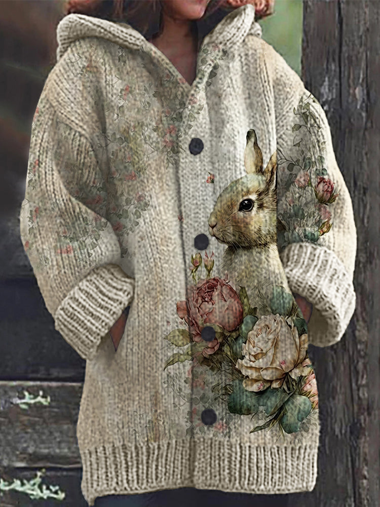 Vintage Bunny Floral Art Cozy Knit Hooded Cardigan artswardrobe