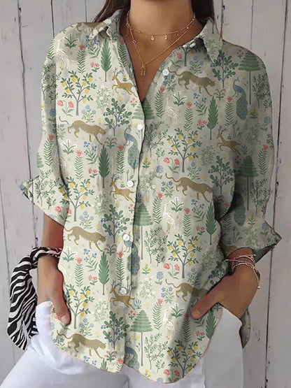 Comstylish Women's Casual Retro Forest Animal Print Cotton And Linen Shirt