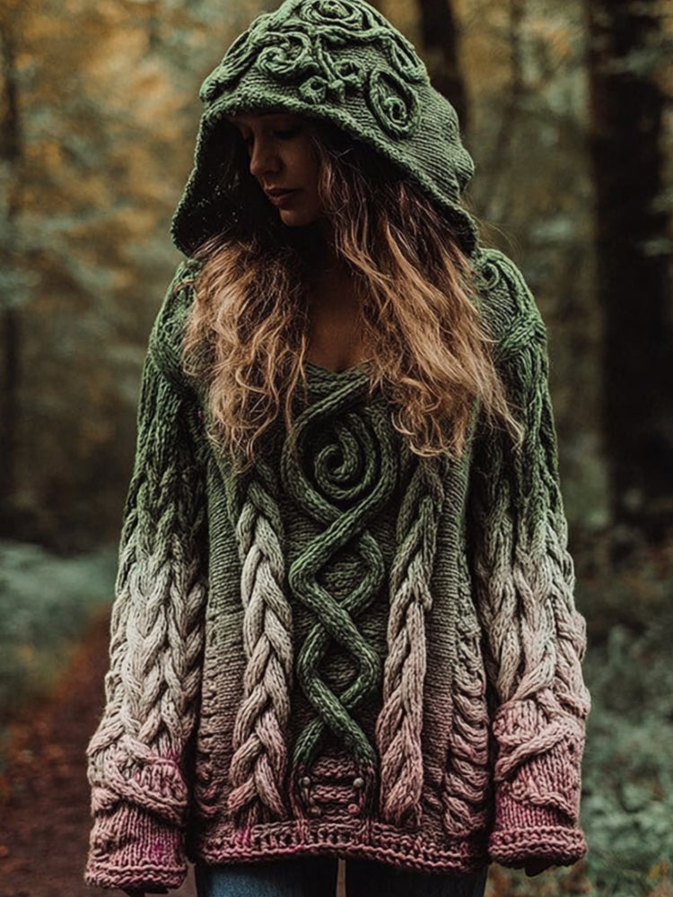 Women's Vintage Cable Knit Embroidery Gradient Hooded Sweater artswardrobe