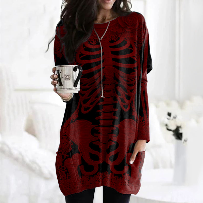 Women's Halloween Skeleton Bones With Rose Art Cozy Knit Turtleneck Mini Sweater Dress artswardrobe