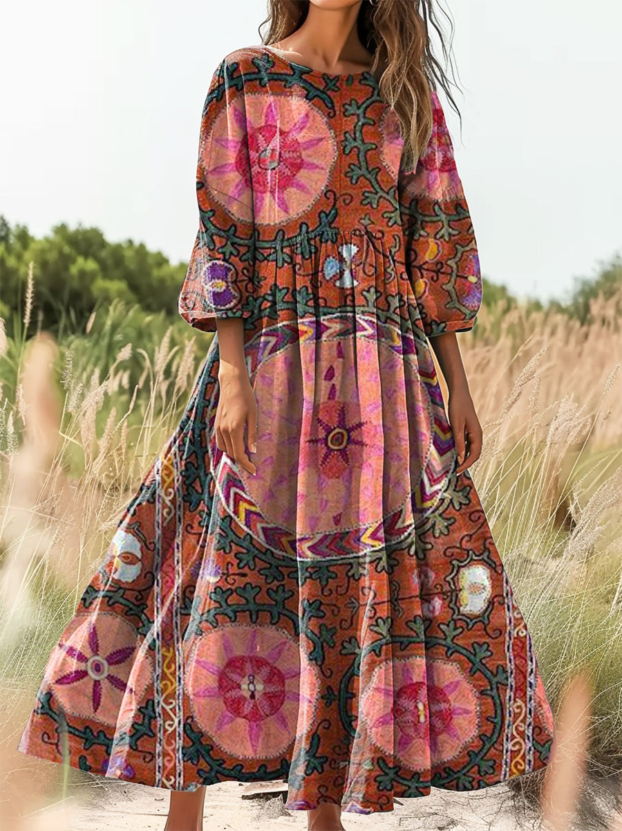 Women's Vintage Ethnic Floral Art Print Flowy Cotton Crew Neck Dress