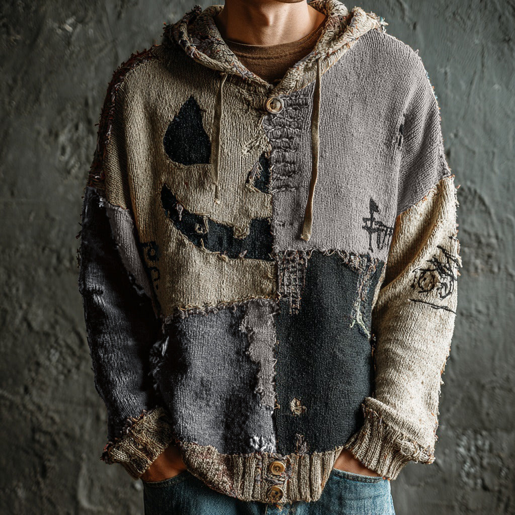 Men's Halloween Pumpkin Face Colorblock Stitched Cozy Knit Hooded Sweater elevenforest