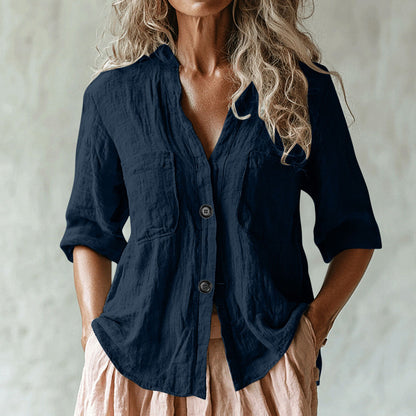 Comstylish Women's Vintage Solid Color Multiple Pockets Linen Shirt