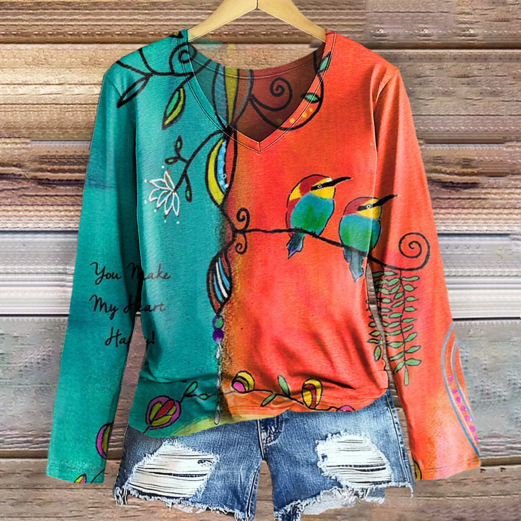 Women's Vintage Floral Bird Art Print Casual V-neck Long Sleeve T-shir