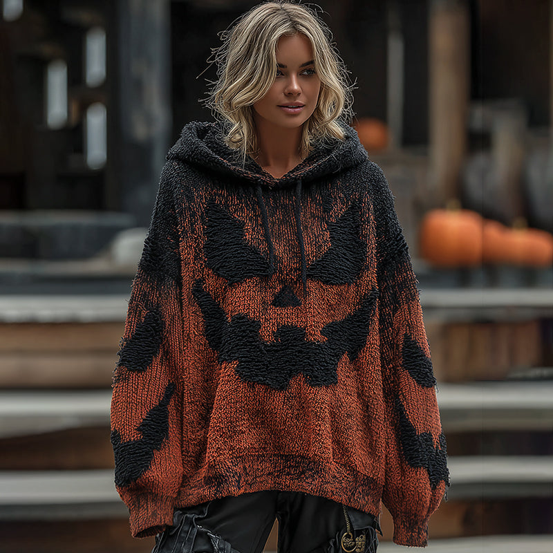 Women's Halloween Spooky Face Gradient Inspired Chunky Knit Hooded Sweater elevenforest