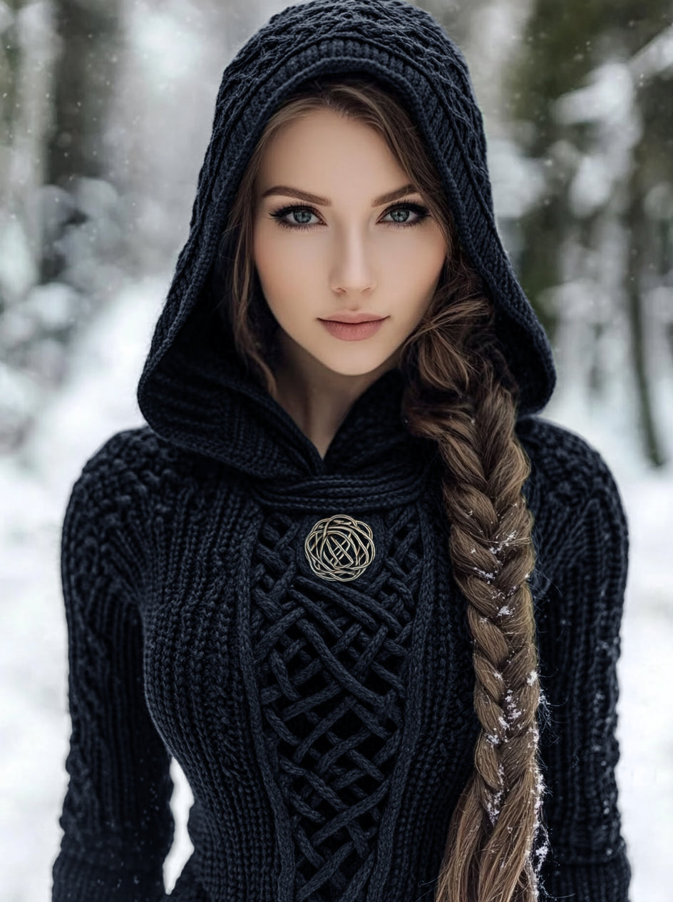 Women's Viking Style Knitted Cozy Hooded Sweater artswardrobe
