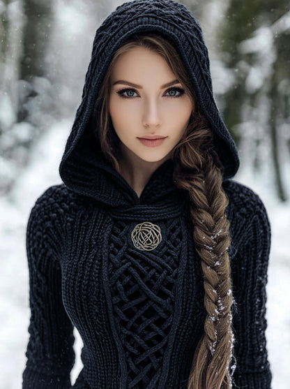 Women's Viking Style Knitted Cozy Hooded Sweater artswardrobe