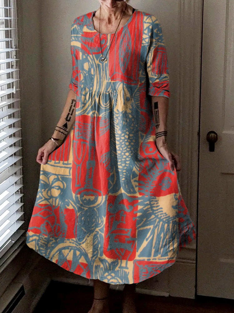 Women's Bohemian Vintage Folk Collage Art Print Long Sleeve Pocket Cot