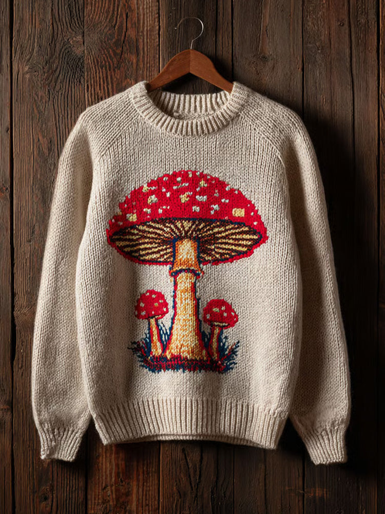 Women's Retro Mushroom Print Crew Neck Sweater artswardrobe