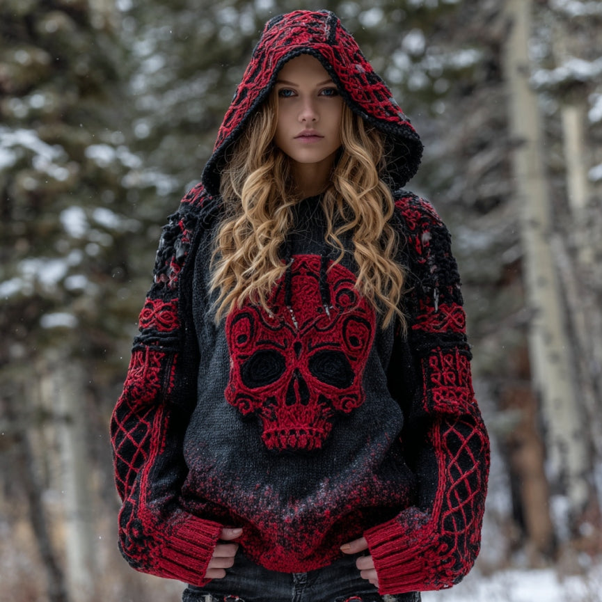 Women's Vintage Viking Tribal Celtic Skull Gradient Chunky Knit Hooded Sweater elevenforest