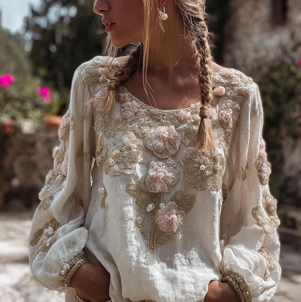 Comstylish Bohemian Style Three-dimensional Flower Pattern Women's V-neck Long-sleeve Cotton And Linen Shirt