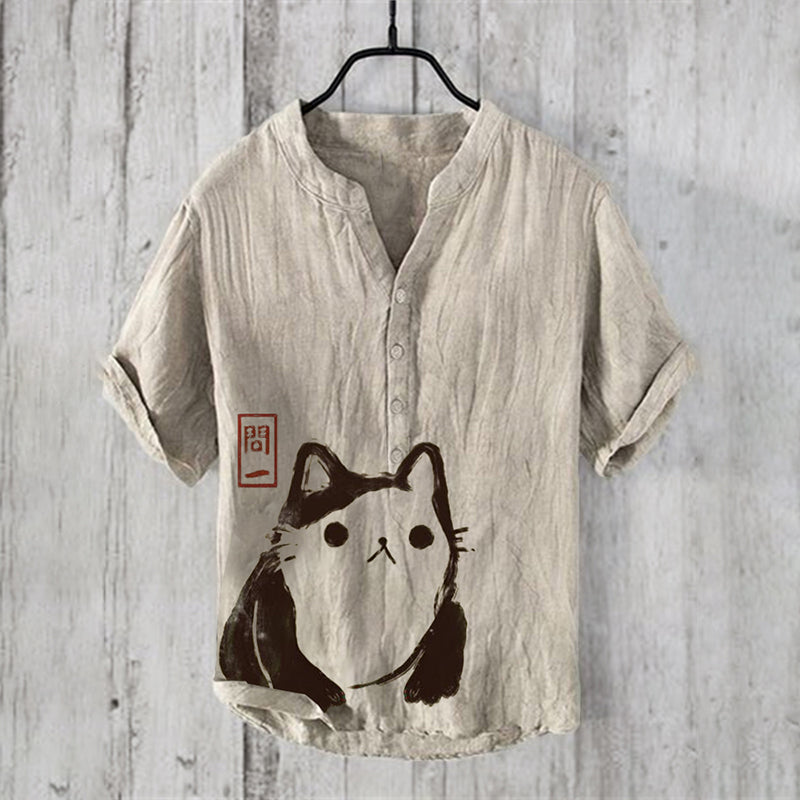 Retro Japanese Abstract Squatting Cat Art Linen Blend Shirt elevenforest
