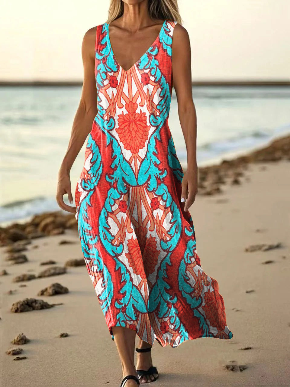 Women's Bohemian Folk Floral Art Print V Neck Sleeveless Pocket Cotton